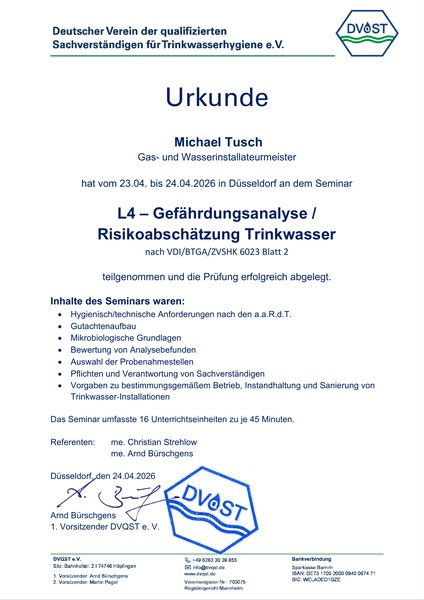 Urkunde L4 Gefährdungsanalyse / Risikoabschätzung Trinkwasser