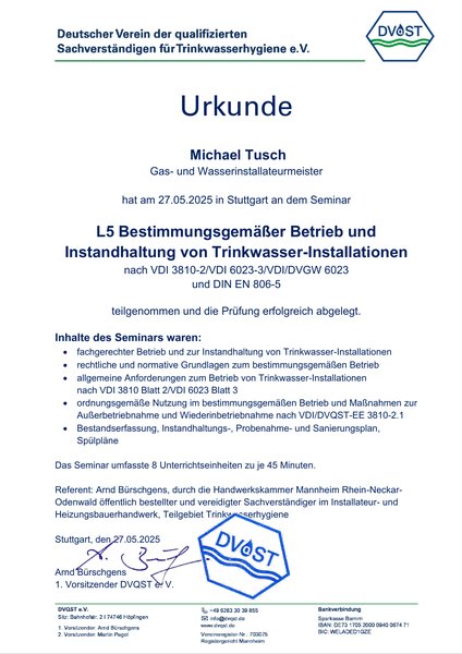 Urkunde L5 Bestimmungsgemäßer Betrieb und Instandhaltung von Trinkwasser-Installationen